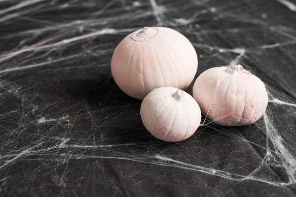 White Halloween Pumpkins Are on Table with Cobweb